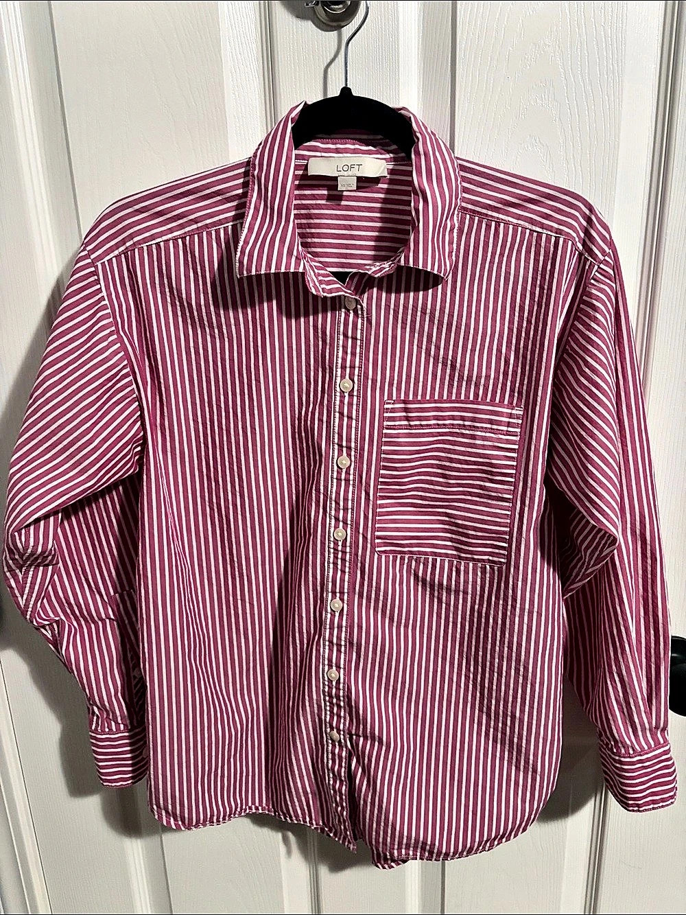 LOFT Pink and White Striped Long Sleeve Button Down Shirt XS